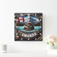 Canadian Beaver Holding Nesting Material by Lake Square Wall Clock