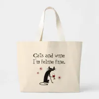 Cats and Wine Feline Fine Wine Pun with Cat Large Tote Bag