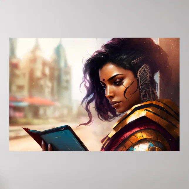 Woman Reading in a City of the Future Poster