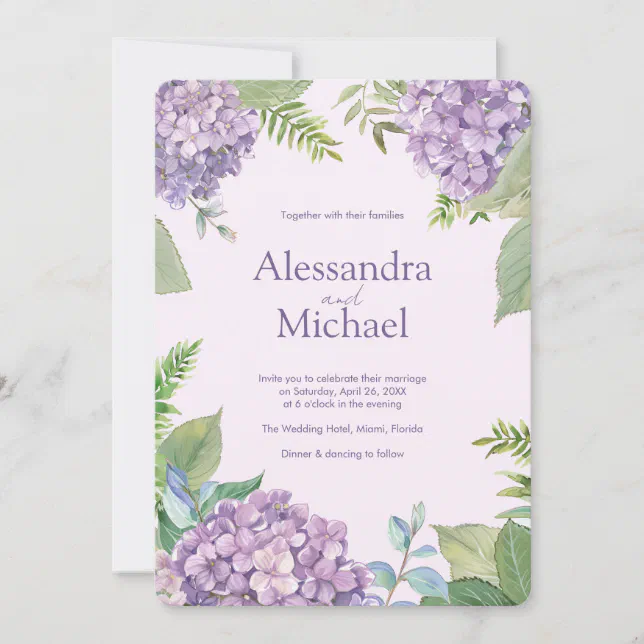 Watercolor Lavender Hydrangea Fern Leaves Wedding Invitation