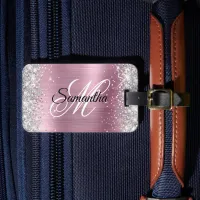 Silver Glitter Light Pink Foil Fancy Monogram Luggage Tag