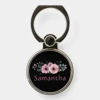 Personalized Black and Rose Pink Floral Watercolor Phone Ring Stand