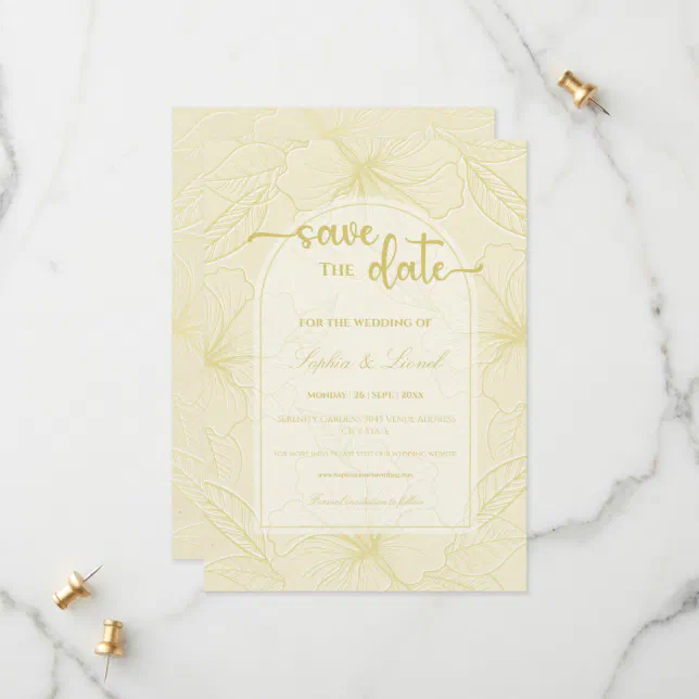 Elegant Minimal Golden Outline Floral Wedding Save The Date