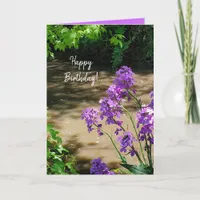 Happy Birthday Pretty Purple Flowers and Stream Holiday Card