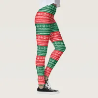 Festive Christmas Red and Green Nordic Snowflake Leggings