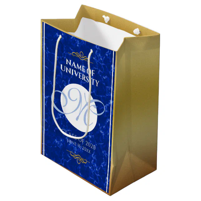 Elegant Graduation Monogram Blue Marble Gold Foil Medium Gift Bag