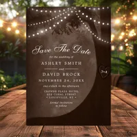 Rustic Brown Tree Carved Initials String Of Lights Save The Date