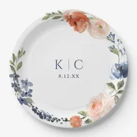 Bright Bridal Shower Orange Dusty Blue Peony  Paper Plates