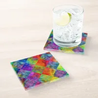 [Harlequin Tie-Dye] Diamond Fractal Checkered Glass Coaster