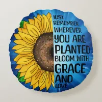 Inspirational Quote and Hand Drawn Sunflower Round Pillow