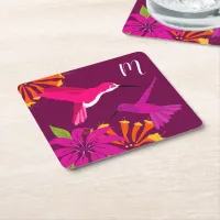 Hummingbirds in Paradise Pretty Monogram Square Paper Coaster