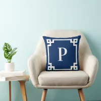 Navy Blue and White Greek Key Border Monogram Throw Pillow