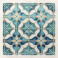 Floral Moroccan Tile Pattern#1 Teal White ID1078 Glass Coaster