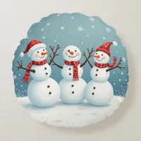 Three happy Christmas snowmen Round Pillow