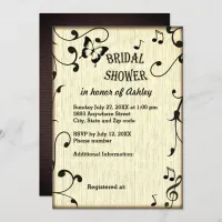 Music, Butterfly, Leaves Tan Wood Bridal Shower Invitation