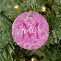 Hot Pink and White Swimming Pool Photo Monogram Ceramic Ornament