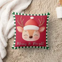 Cute Reindeer Christmas Red & Green Stripe Throw Pillow