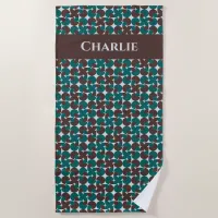 Brown & Teal Retro '70s Motifs Personalized Beach Towel