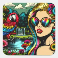 Cute Parrot and Beautiful Woman in Garden Square Sticker