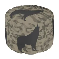 Modern Brown Camo Black Wolf Silhouette Monogram | Pouf