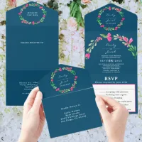 Pink Floral Greenery Ocean Blue Chic Wedding RSVP All In One Invitation