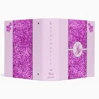 Pink glitter Monogrammed with Flowers - School 3 Ring Binder