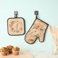 Peach Cream Cottagecore Watercolor Floral Oven Mitt & Pot Holder Set