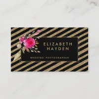 black gold glitter stripes Floral business card