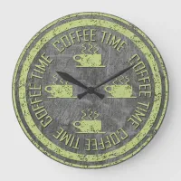 Coffee Time Lime Green on Charcoal Large Clock