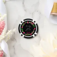 Elegant Pink Floral Wreath Black Wedding Poker Chips