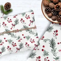 Rustic Christmas Watercolor Pine Branch Berry Tissue Paper