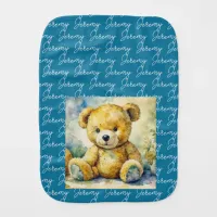 Watercolor Illustration Teddy Bear Personalized Baby Burp Cloth