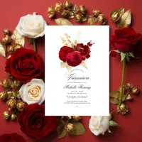 Red and Gold Vintage Rose Quinceañera Invitation