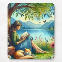 Girl Reading a Book under a Tree with a Sleepy Cat Mouse Pad