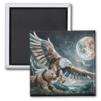 Mosaic Ai Art | Brown Bear and an Eagle Full Moon Magnet