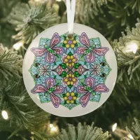 Pink Butterflies Mandala Christmas Glass Ornament