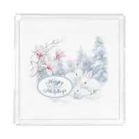 Cute White Rabbits in Snow Winter Holiday Acrylic Tray