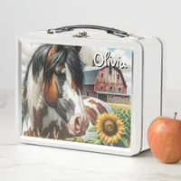 Pretty Spotted Horse and Rustic Barn Metal Lunch Box