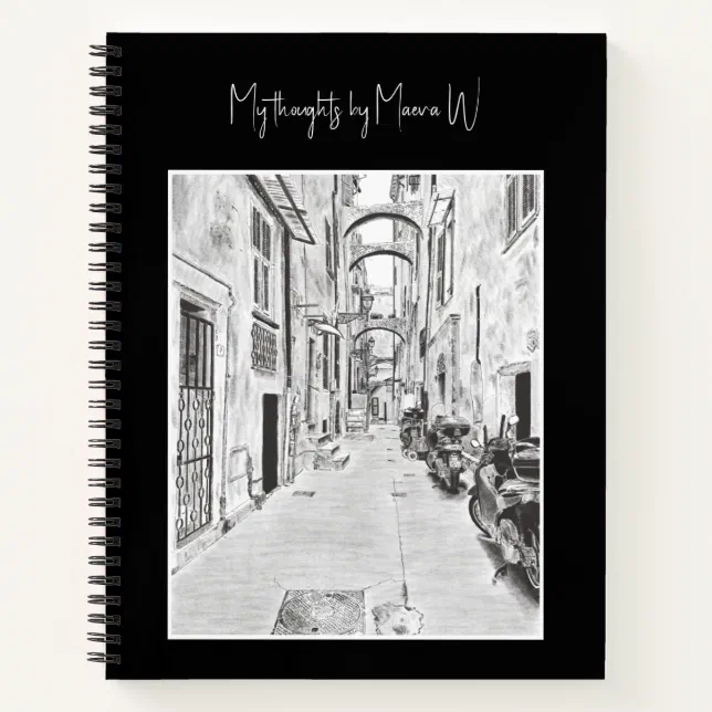 Narrow Italian street - black&white pencil art Notebook