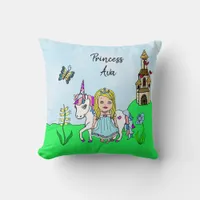 Personalized Princess and Unicorn Rainbow Girl's Throw Pillow