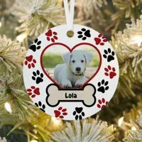 Cute Pet Dog Photo Heart Red & Black Paws Pattern Metal Ornament