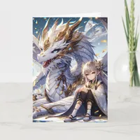 Anime Girl and White and Gold Dragon Birthday Card