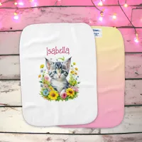 Watercolor Kitten Flowers Personalized Baby Burp Cloth