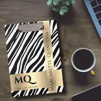 Modern Black White Zebra Skin Gold Foil Monogram  Clipboard