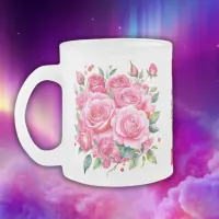 Monogrammed Name Pink Roses | Frosted Glass Coffee Mug