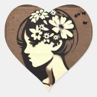 Pretty Girl with Flowers in her Hair Simple Art Heart Sticker