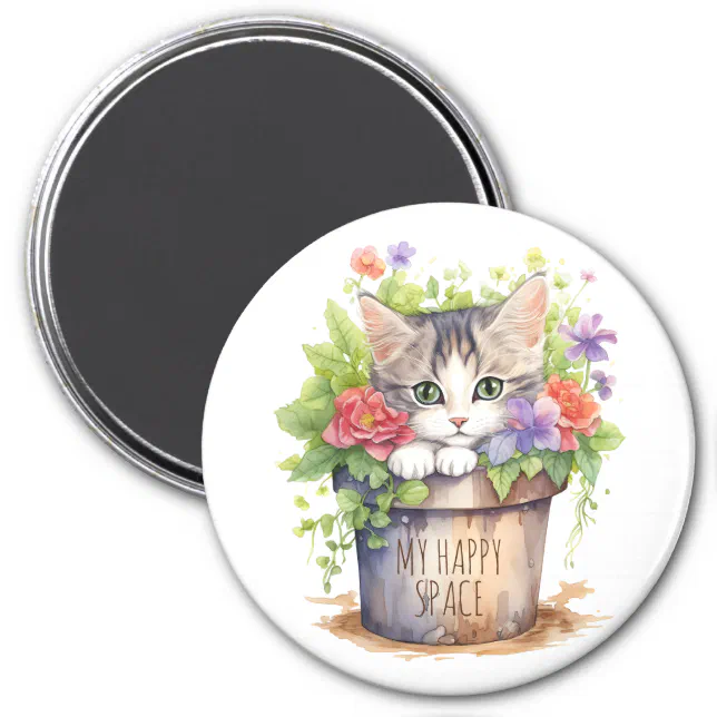 Cute Kitten in a Garden Pot Cat Watercolor Art Magnet