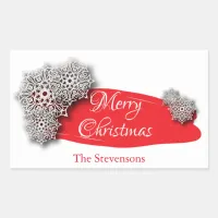 Christmas White Paper Cut Snowflakes On A Red Rectangular Sticker