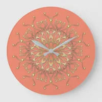 Pink Salmon & Gold Filigree Mandala With Diamonds Large Clock