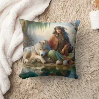 Native Woman With Wolf by Water Throw Pillow